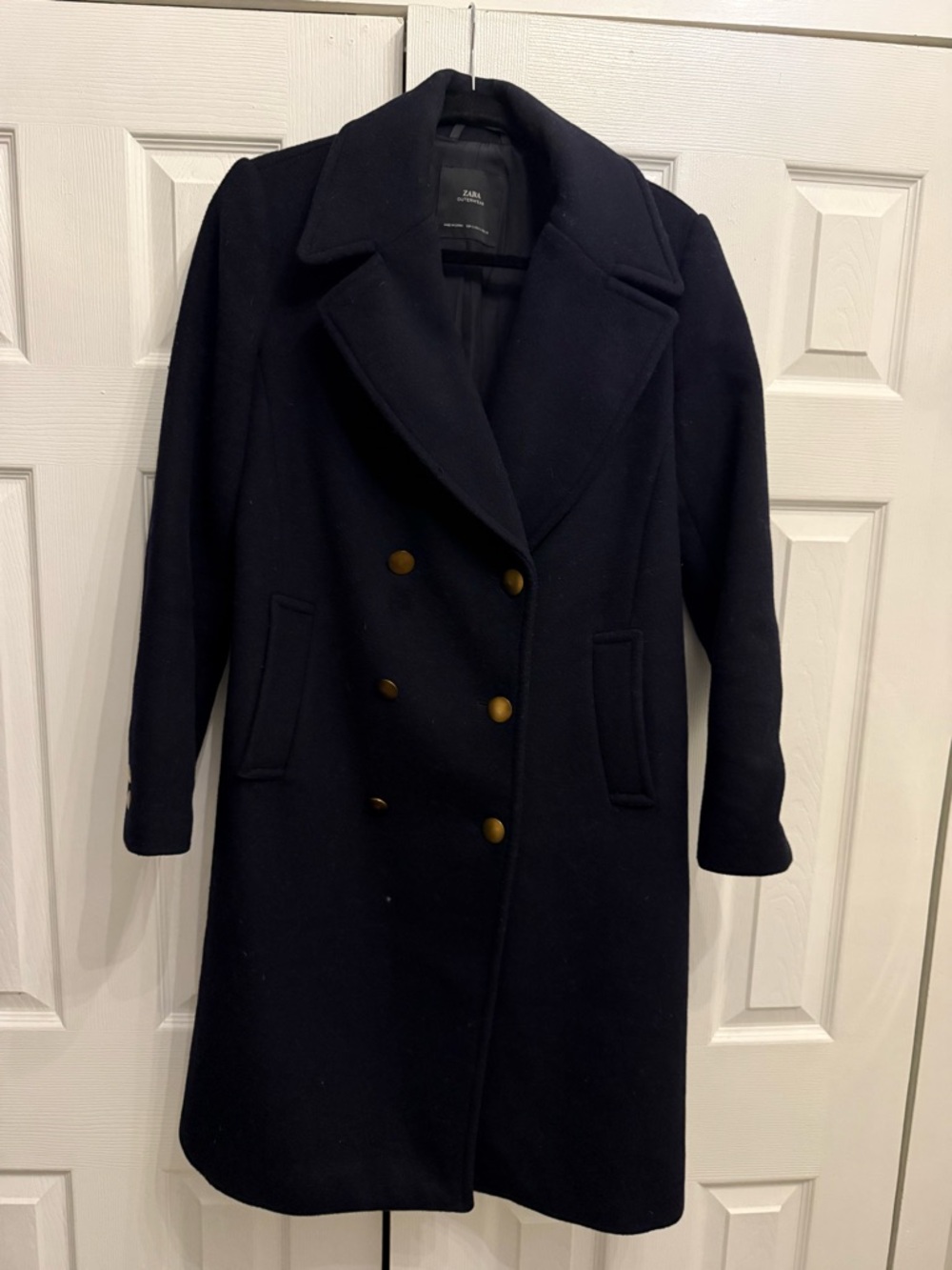 Zara Black Double-Breasted Pea Coat with Gold Buttons